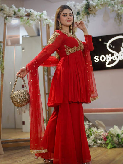 Red Color Georgette Ready To Wear Top Plazzo Suit