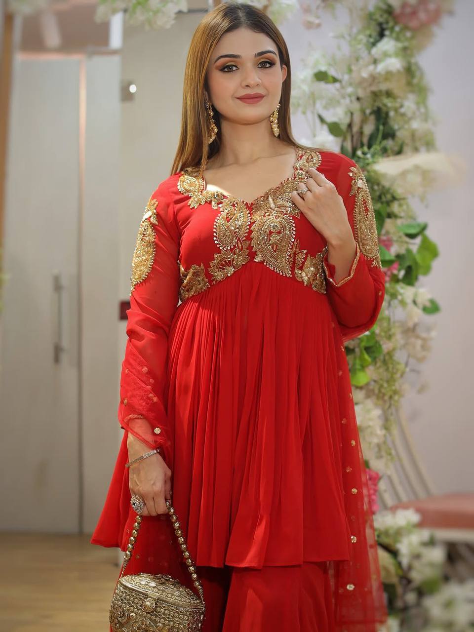 Red Color Georgette Ready To Wear Top Plazzo Suit