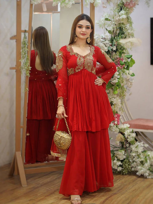 Red Color Georgette Ready To Wear Top Plazzo Suit