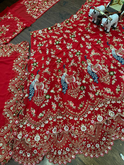 Red Georgette Heavy Work Lehenga Choli For Bridal Wear