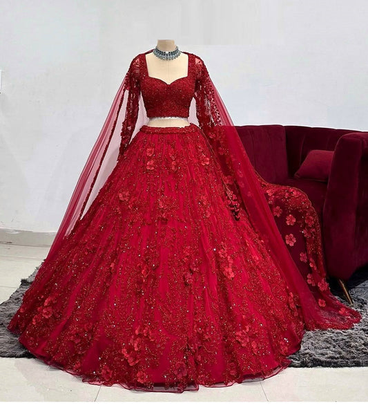 Red Color Soft Net Embroidered Lehenga Choli