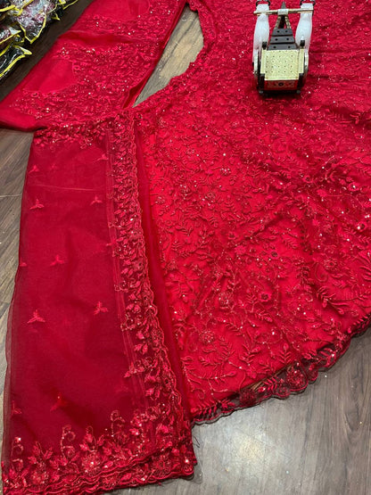 Red Color Net Semi Stitched Lehenga Choli