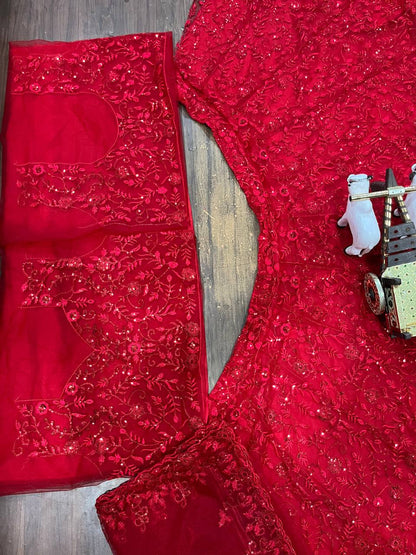 Red Color Net Semi Stitched Lehenga Choli