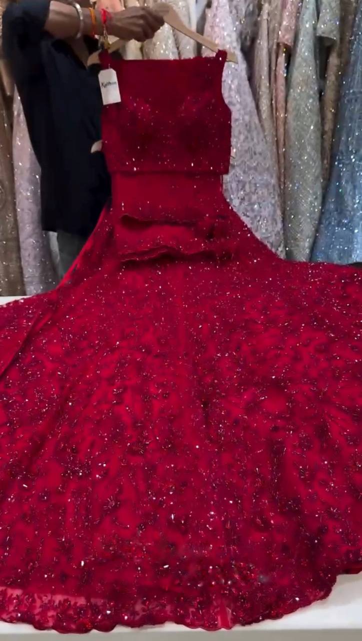 Red Color Net Semi Stitched Lehenga Choli