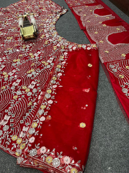 Party Wear Red Color Soft Net Embroidered Lehenga Choli