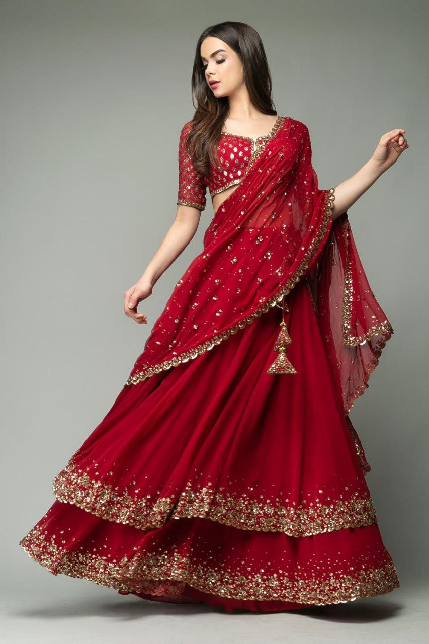 Red Georgette Ruffle Style Semi Stitched Lehenga Choli