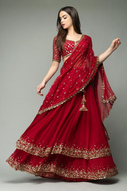 Red Georgette Ruffle Style Semi Stitched Lehenga Choli