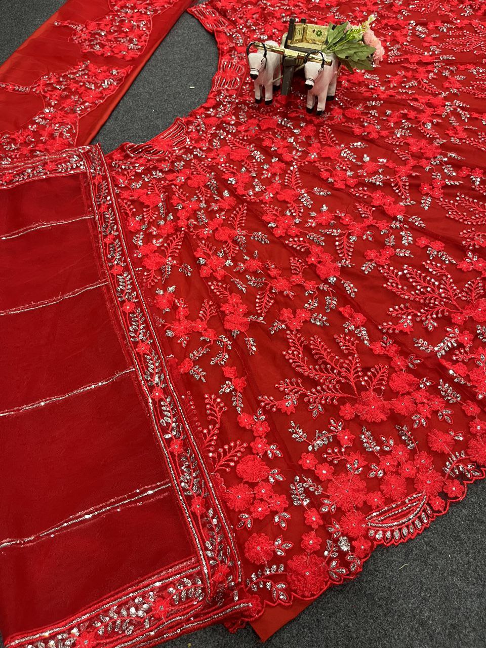 Red Soft Net Sequence Work Semi Stitched Lehenga Choli