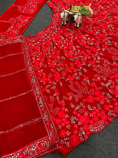 Red Soft Net Sequence Work Semi Stitched Lehenga Choli