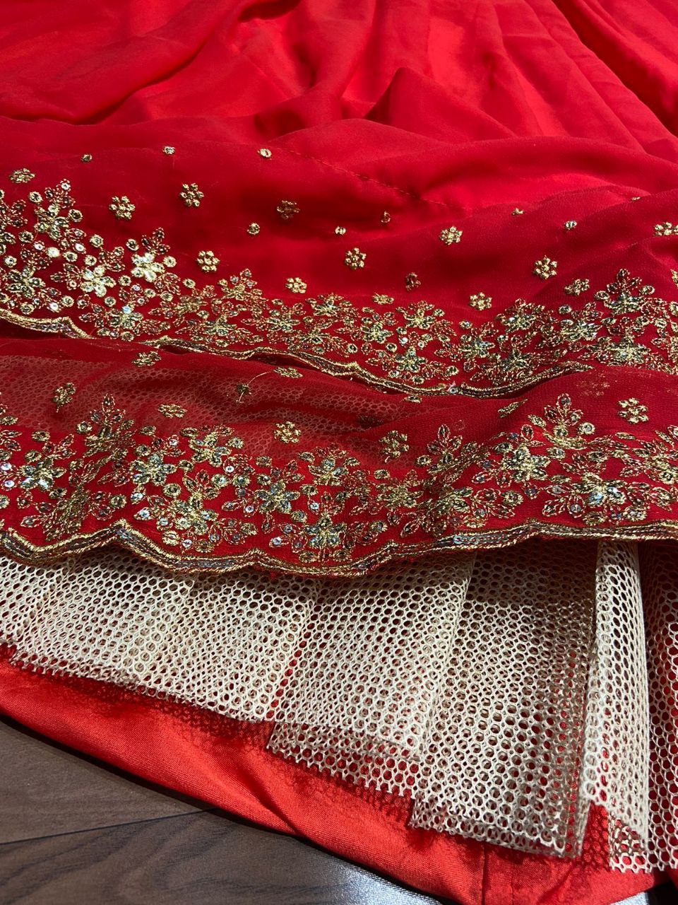 Red Georgette Ruffle Style Semi Stitched Lehenga Choli