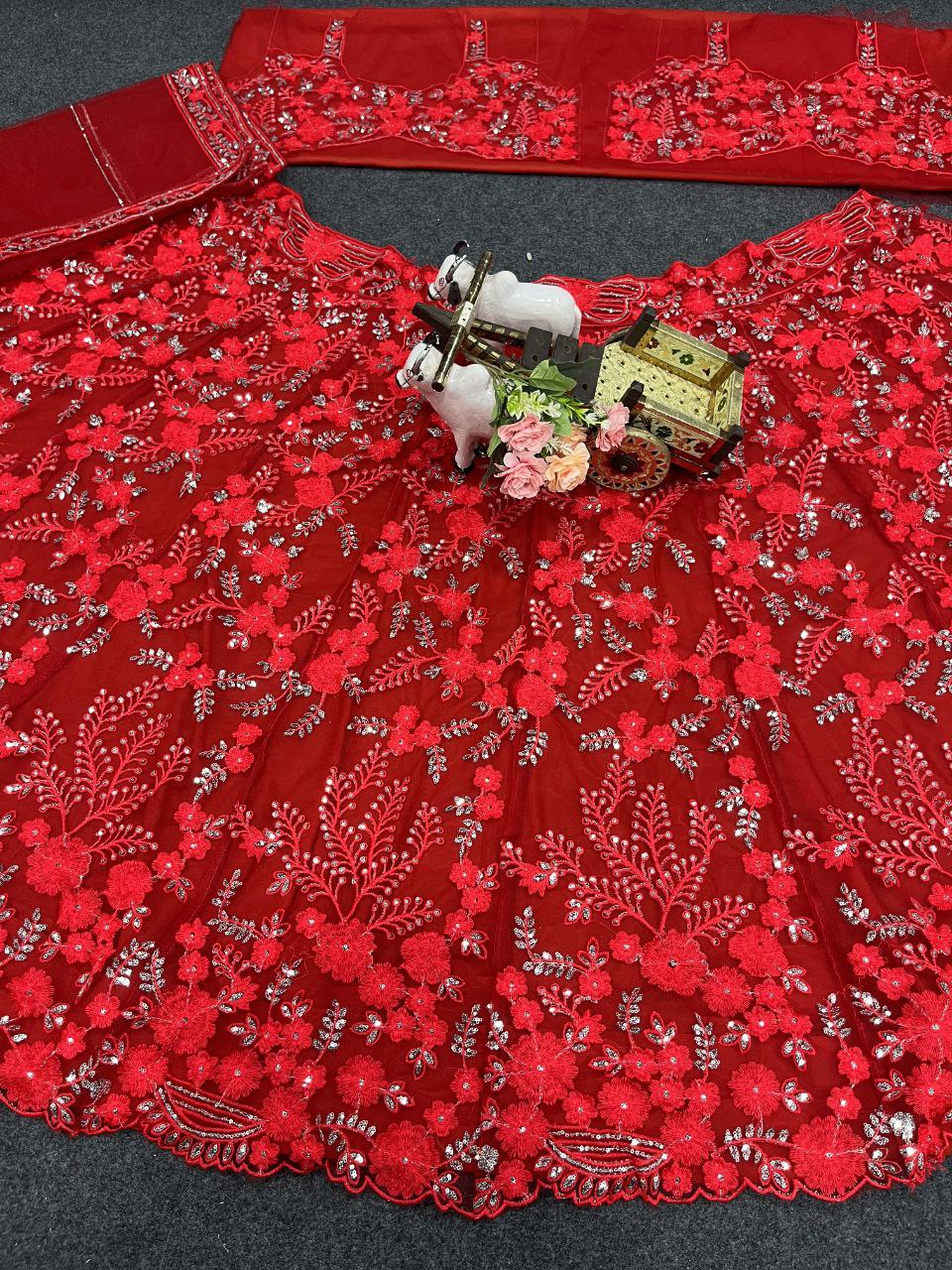 Red Soft Net Sequence Work Semi Stitched Lehenga Choli