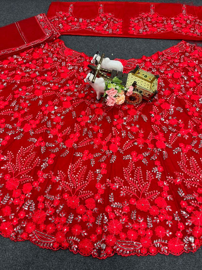 Red Soft Net Sequence Work Semi Stitched Lehenga Choli
