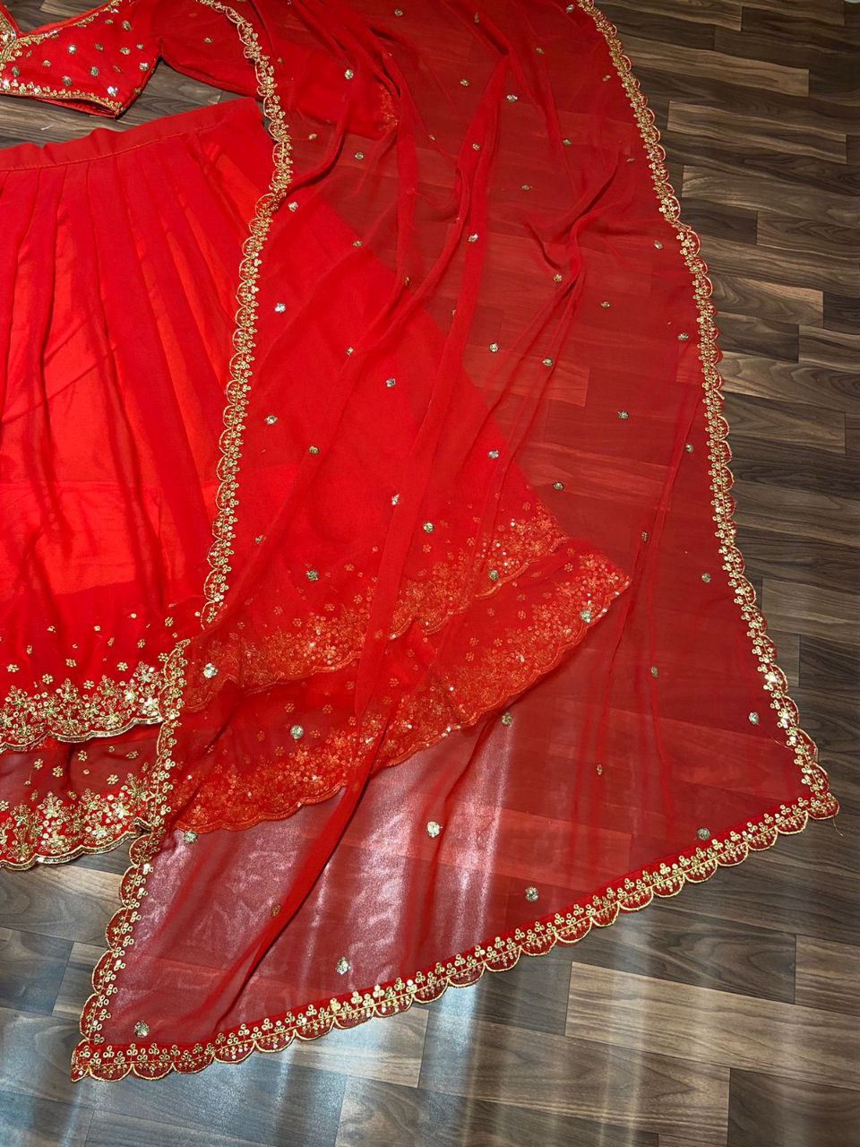 Red Georgette Ruffle Style Semi Stitched Lehenga Choli