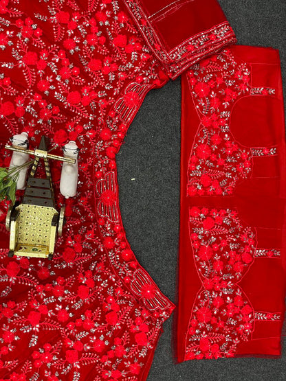 Red Soft Net Sequence Work Semi Stitched Lehenga Choli