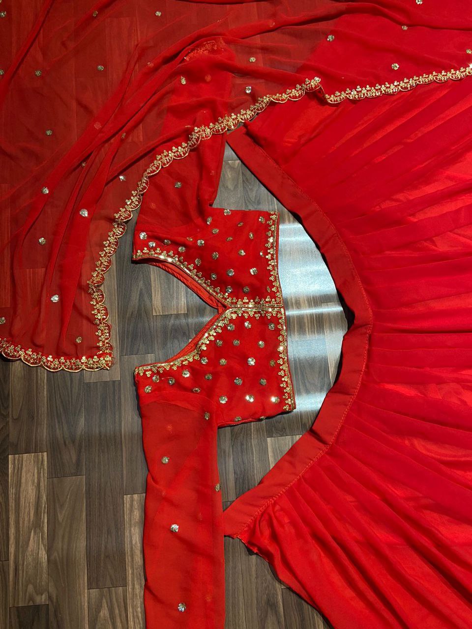 Red Georgette Ruffle Style Semi Stitched Lehenga Choli