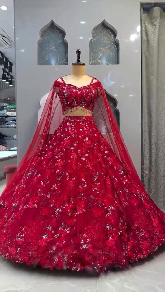 Red Soft Net Sequence Work Semi Stitched Lehenga Choli