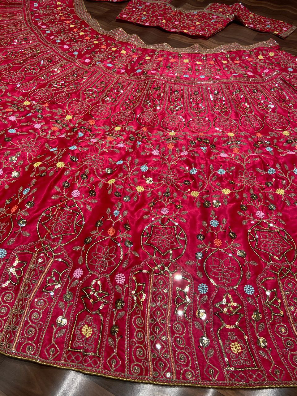 Red Satin Silk Embelish Lehenga Choli For Wedding Wear