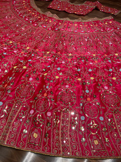 Red Satin Silk Embelish Lehenga Choli For Wedding Wear