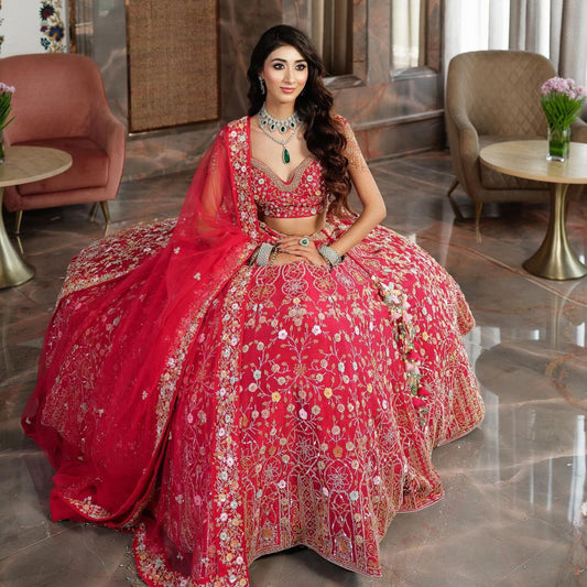 Red Satin Silk Embelish Lehenga Choli For Wedding Wear