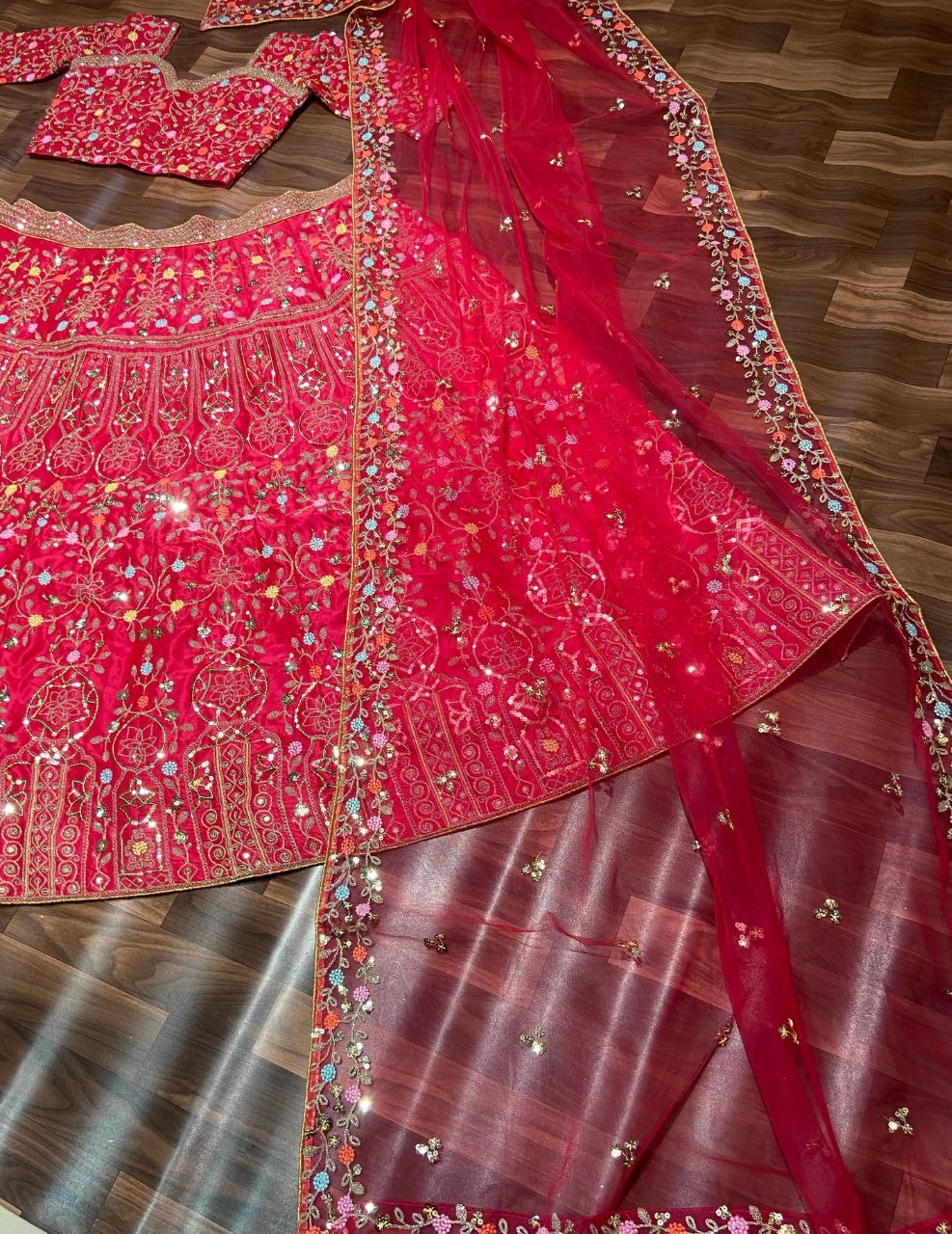Red Satin Silk Embelish Lehenga Choli For Wedding Wear