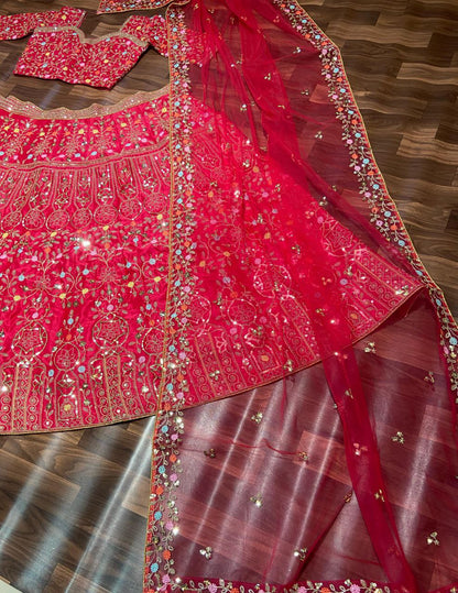 Red Satin Silk Embelish Lehenga Choli For Wedding Wear