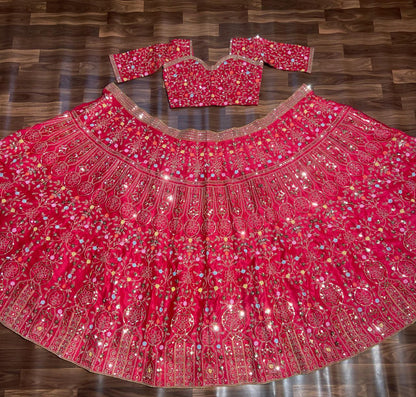 Red Satin Silk Embelish Lehenga Choli For Wedding Wear