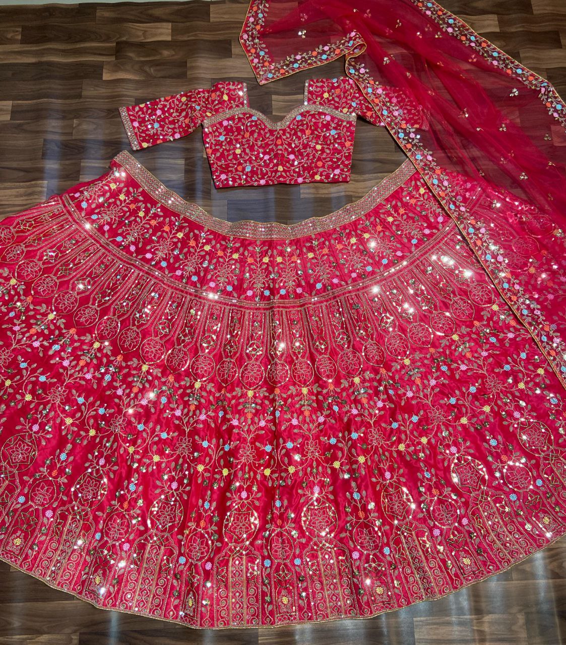 Red Satin Silk Embelish Lehenga Choli For Wedding Wear