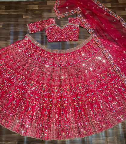 Red Satin Silk Embelish Lehenga Choli For Wedding Wear
