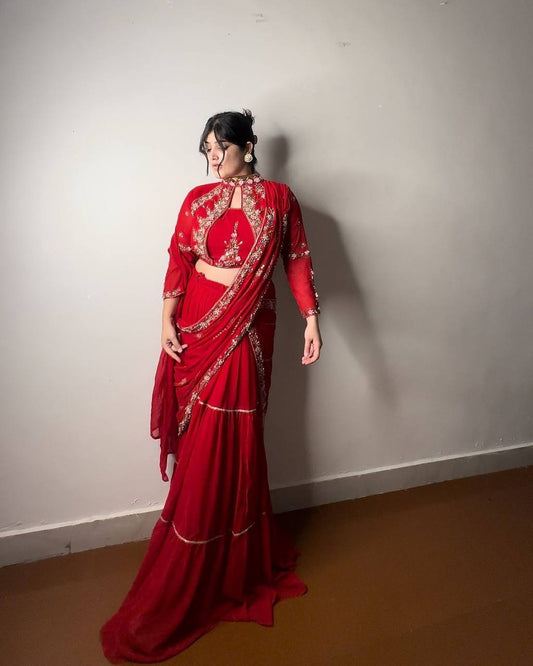 Red Georgette Stitched Lehenga Saree - 4 Color Option