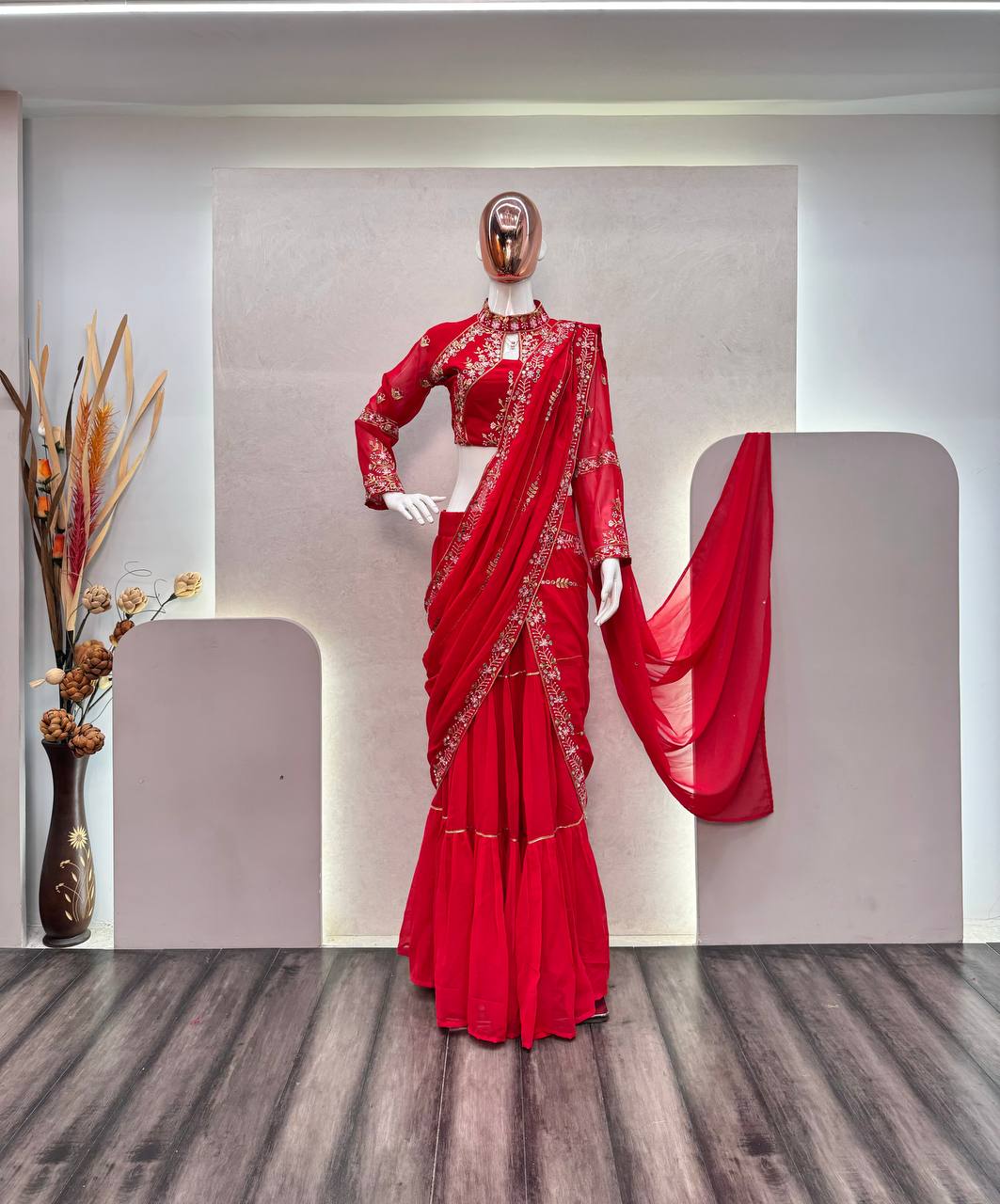 Red Georgette Stitched Lehenga Saree - 4 Color Option