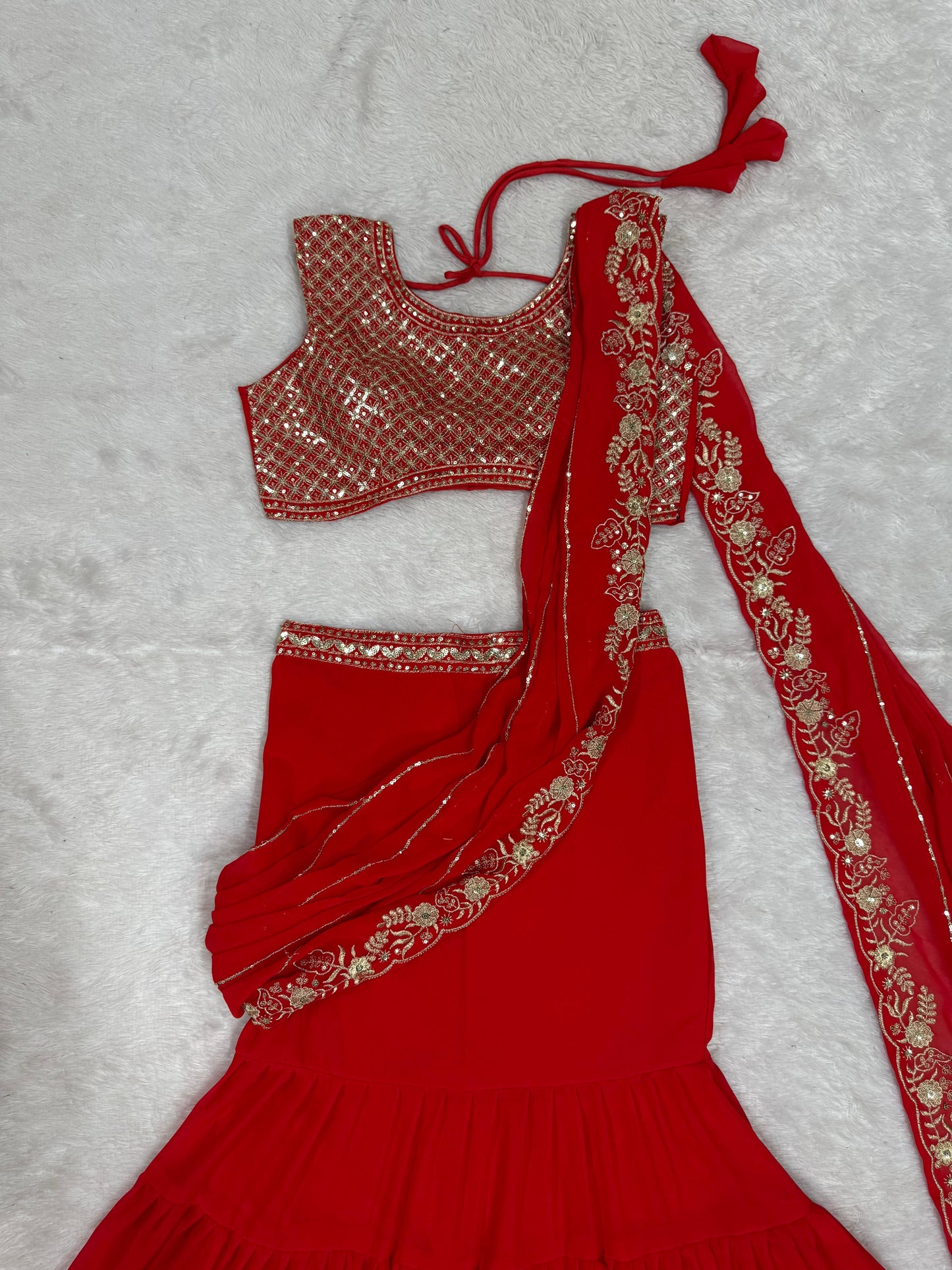 Red Georgette 1 Min. Ready to Wear Lehenga Saree