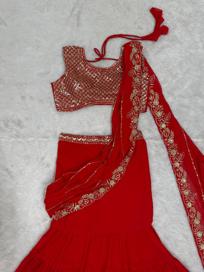 Red Georgette 1 Min. Ready to Wear Lehenga Saree