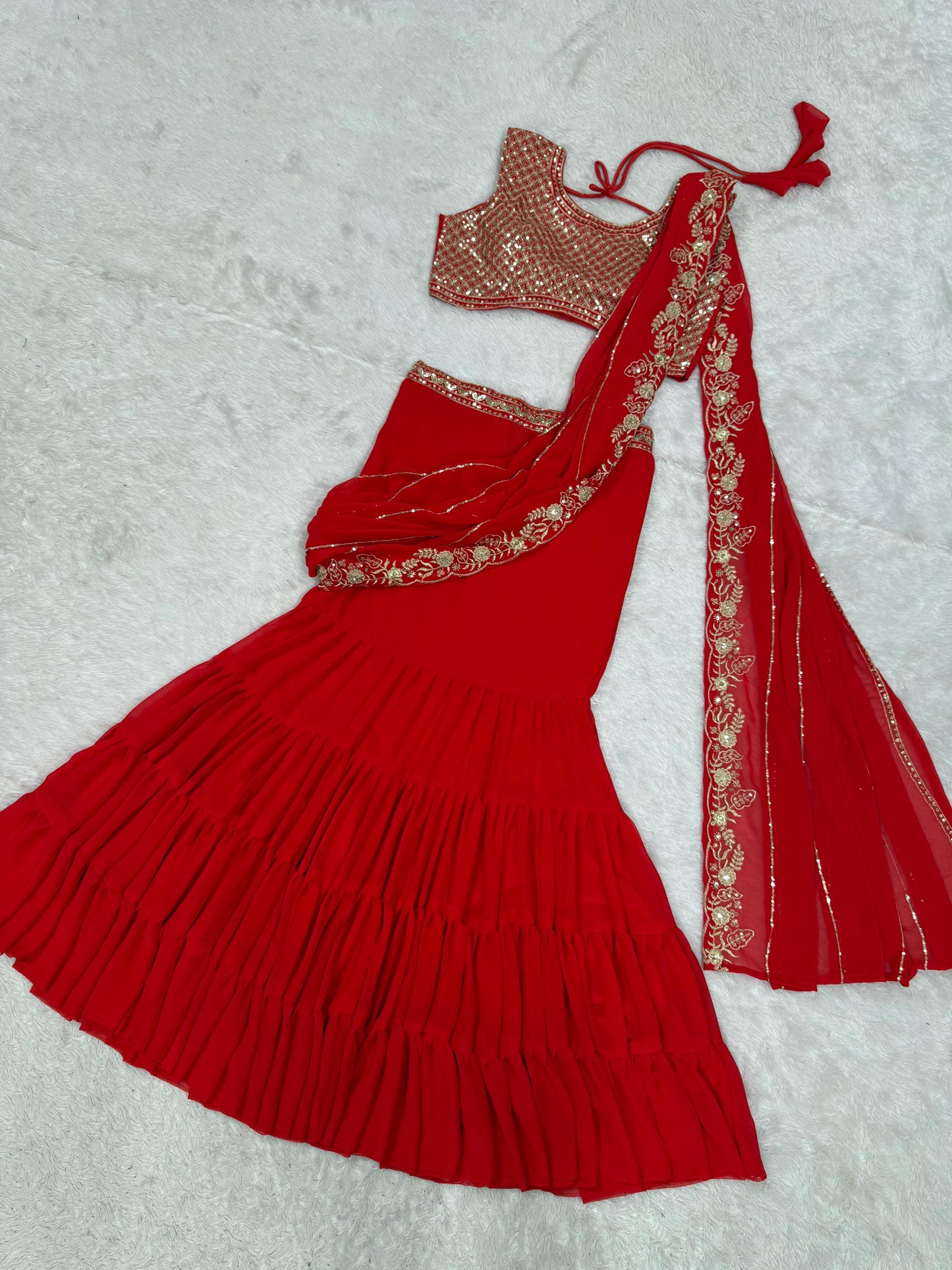 Red Georgette 1 Min. Ready to Wear Lehenga Saree