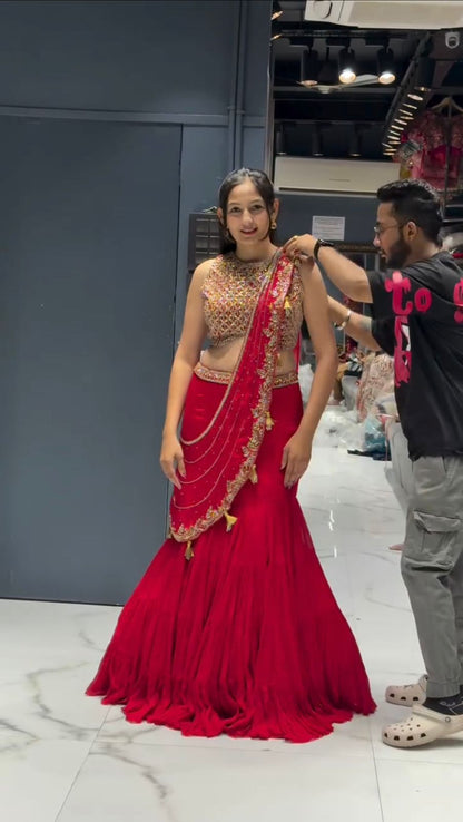 Red Georgette 1 Min. Ready to Wear Lehenga Saree