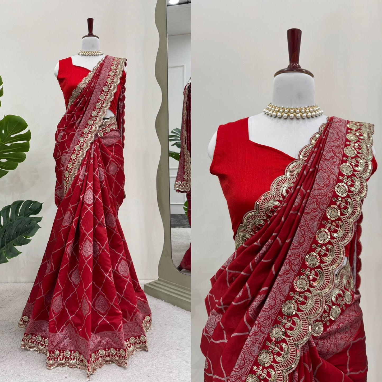 Red Kota Silk Jacquard with Sequence Border Saree