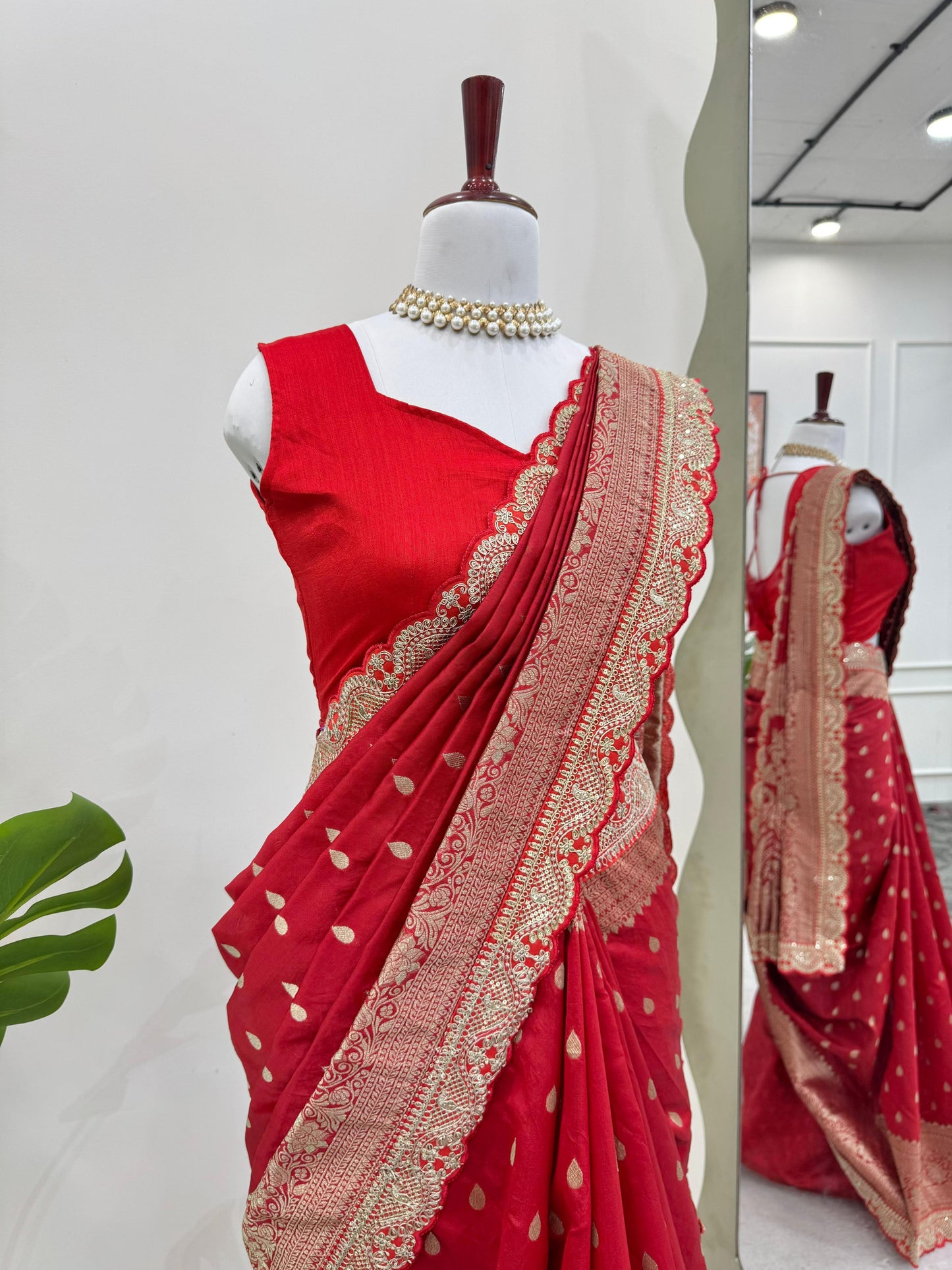 Red Kota Silk Embroidered Border Saree Blouse