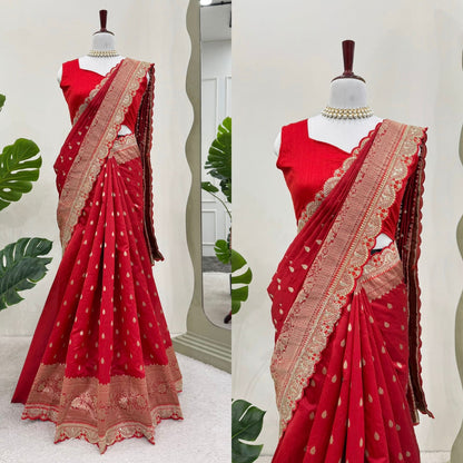 Red Kota Silk Embroidered Border Saree Blouse