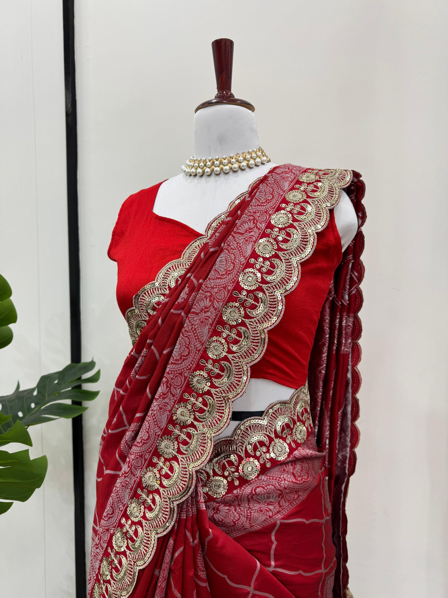 Red Kota Silk Jacquard with Sequence Border Saree
