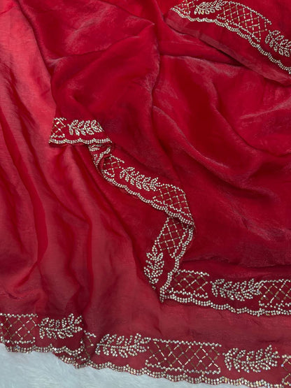 Red Silk Jakan Diamond Work Saree Blouse