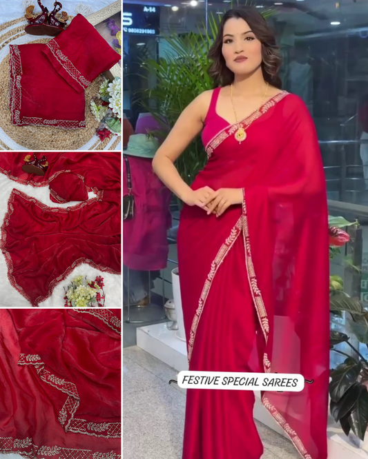 Red Silk Jakan Diamond Work Saree Blouse