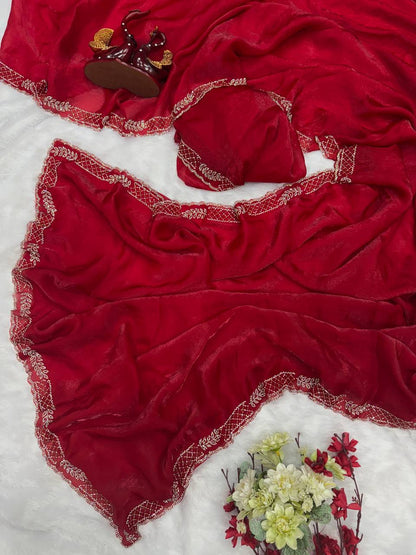 Red Silk Jakan Diamond Work Saree Blouse