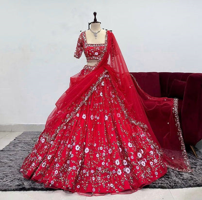 Red Color Soft Net Floral Work Lehenga Choli
