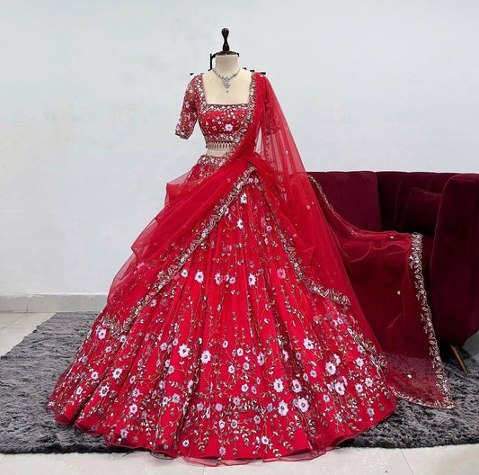 Red Color Soft Net Floral Work Lehenga Choli