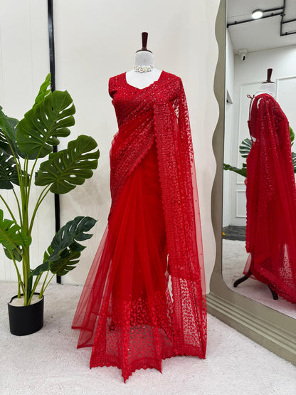 Red Color Soft net Heavy Work Saree