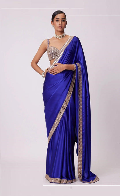 Royal Blue Rangoli Silk Real Mirror Work Border Lace Saree