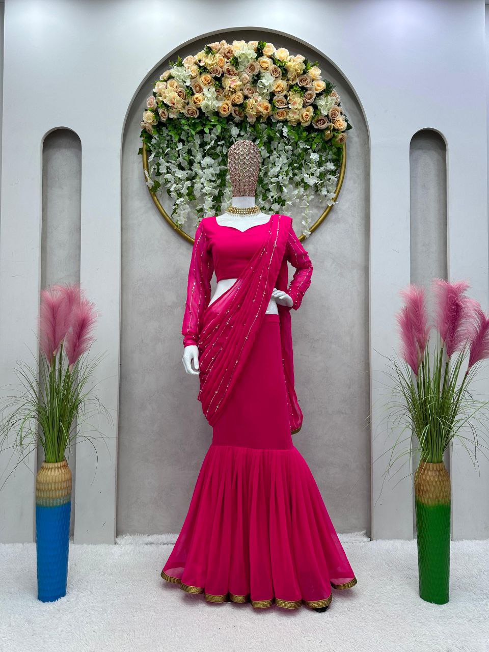 Wonderful Georgette Lehenga Saree Sharara With Moti Work Dupatta