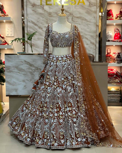 Rust Color Soft Net Real Mirror Work Lehenga Choli