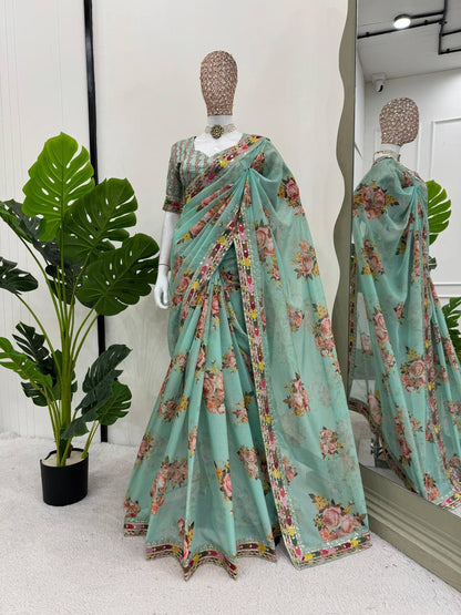 Function Wear Sea Green Tuby Silk Sequence Work Print Saree