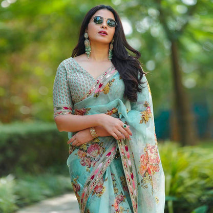 Function Wear Sea Green Tuby Silk Sequence Work Print Saree
