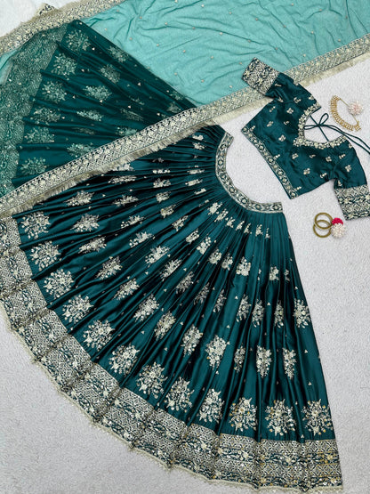 Rama Color Silk Thread Sequence Embroidered Lehenga Choli